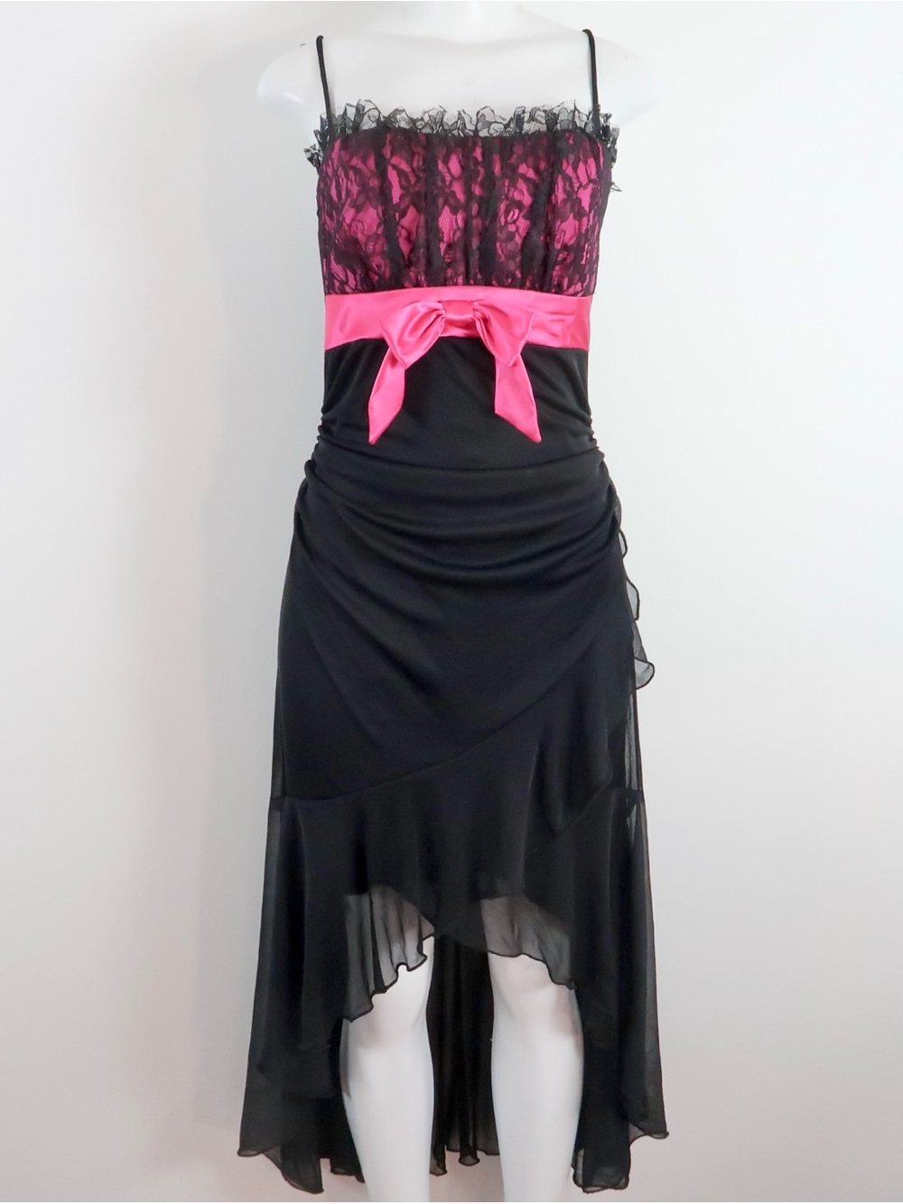 90s Oasis Black Dress with Hot Pink Lace Bodice and Satin Bow